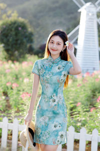 Hangzhou Faux Silk Green Mini Qipao 2413-50 杭州綠色仿真絲短旗袍