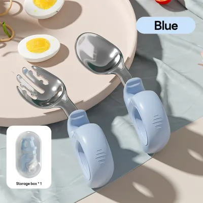 Mumystation Baby Curved Stainless Steel Spoon Fork Set Kids Training Spoon Fork Set With Box Short Handle Spoon And Fork