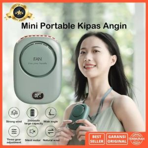 CORN Kipas Angin Mini Premium / Portable Hanging Neck Fan / Kipas Powerbank Gantung Leher 2000mAh Battery USB Rechargeable LCD Display Low Noise