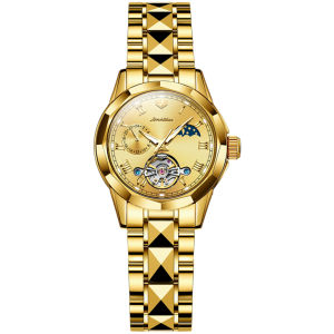 JSDUN 8937 Fashion Mechanical Women Watch Gift Round-dial Stainless Steel Watchband Wristwatch Moon Phase Week Display Calendar