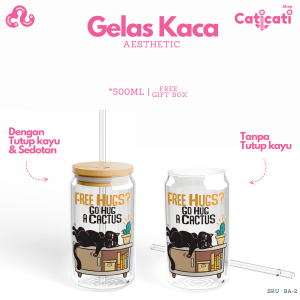 CatiCati - Gelas Aesthetic Tumbler Kaca Tutup Kayu dan Sedotan 500ml Gelas Estetik Kode Varian BA