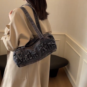 Womens Embroidered Jean Bag Spacious and Practical Shoulder Purse Casual Shopper Bags for Travel Daily Commutes