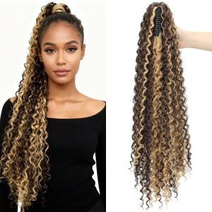 OMQAIO Tổng hợp Tóc giả đuôi ngựa xoăn dài 24 inch Kẹp móng tay Tóc giả đuôi ngựa sóng sâu Phụ kiện tóc Dây rút Phụ kiện tóc đuôi ngựa dành cho phụ nữ