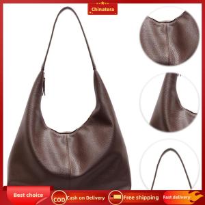 [Chinatera Malll] Slouchy Hobo Bag for Women Zipper Closure Shoulder Bag PU Leather Large Capacity Underarm Bag Solid Color for Travel Shopping Work