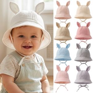 YUDESHUI Mũ ngư dân cho bé Có thể điều chỉnh Màu đơn sắc Mũ xô Tai thỏ dễ thương Mũ chống nắng cho bé Xuân Hè