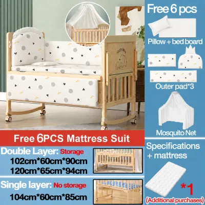Beige เตียงเด็ก เตียงนอนเด็ก เตียงไม้เด็ก เตียงไม้สน เตียงเด็ก พร้อมล้อ สามารถต่อเป็นเตียงผู้ใหญ่ เตียงอเนกประสงค์
