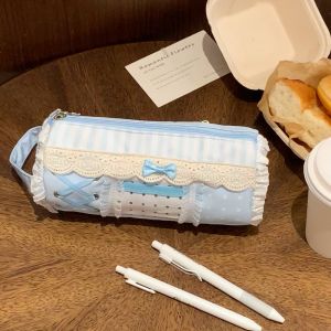 TWCEJE168 Printed Lace Pencil Case Bow Large Capacity Makeup Bag Organizer Sweet Zipper Stationery Pouch School Office Supplies