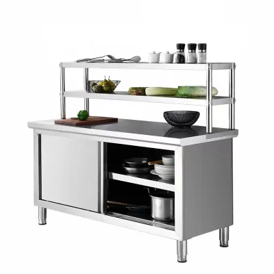 GUGA kitchen workbench 304 stainless steel sliding door workbench kitchen vegetable cutting table cabinet storage rack