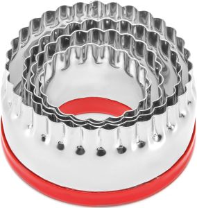 4-Pieces Fluted Round Cookie Cutters Metal Circle Biscuit Cutters Set Wave Cookies Cutter with Fluted Edge Unique Design with Red Top PVC