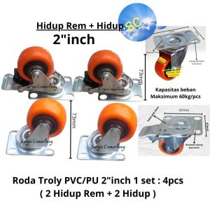 Roda Troli  PU PVC Orange 2 inch 1 set : 4pcs (2Hidup Rem+2Hidup)
