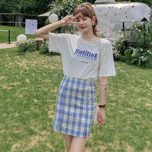 IELGY plaid skirt female short pleated skirt Korean student style high waist split a-line package hip skirt