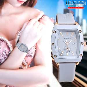 HENLEIN Jam Tangan Wanita Original Bergaransi Bentuk Oval Model Elegan Tali Silikon HW-6003 Grey