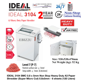 IDEAL 3104 SMC 0.8 x 5mm Oiler Non Stop Heavy Duty A3 Paper Shredder (Super Micro Cut) 0.8x5mm - 6 sheets (120 Liters) 3104SMC (non stop Micro Cut Paper Shredder Shredder Machine Office Shredder  Heavy Duty Mesin Penghancur Kertas Mesin Perincih)