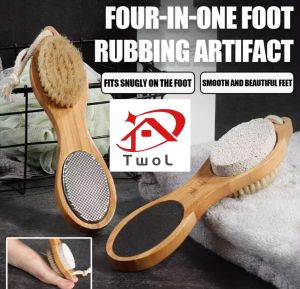 TwoL Four-in-One Foot Rubbing Artifact with Wooden Handle Fits Snugly on the Foot Smooth and Beautiful Feet Features Brush Pumice Stone and Exfoliating Pad.
