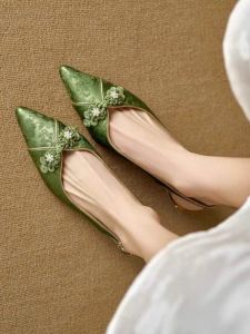 New Chinese Pointed Toe Strap Sandals  National Style Flowers Baotou Hollow Sandals Temperament with Skirt High Heel Sandals