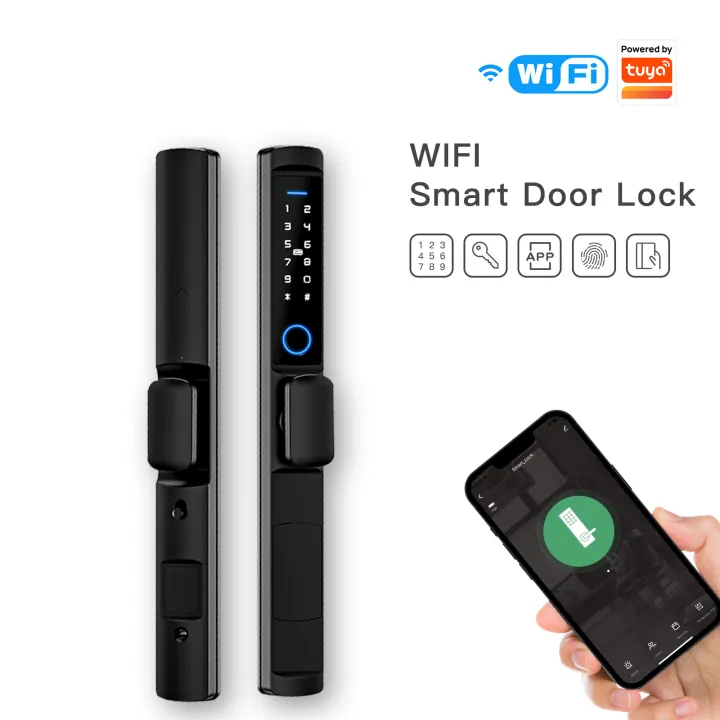 WiFi Smart Narrow Side Fingerprint Coded Door Lock Remote Control Waterproof Short Handle for Slim Thin Frame Glass Sliding