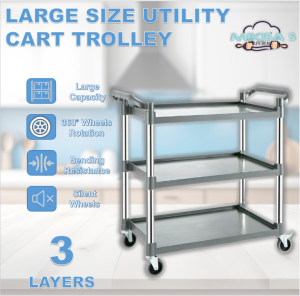 Heavy Duty Utility Cart 3 Layers with 2 Buckets Large Size 100x50x102cm Industrial Use for Kitchen Hotel Restaurant Office etc
