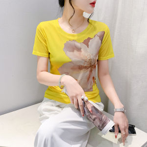 Yimei khí chất Cổ Tròn đàn hồi cao lưới T-Shirt cho phụ nữ trong 2024 mùa hè thời trang tay ngắn đẹp in màu đen phía trên thời trang tay ngắn