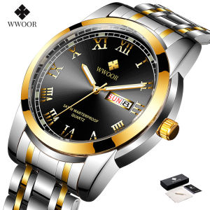 WWOOR Watch For Men Business Fashion Stainless Steel Luminous Quartz Analog Water Proof Calendar Men Watches For Free Box-701