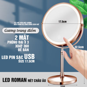 Gương trang điểm để bàn Đồng đỏ phóng đại zoom x3 2 mặt xoay siêu nét Minh House
