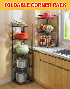 Multi-layer Foldable Kitchen Corner Rack/Black stainless steel corner storage rack/Kitchen shelf