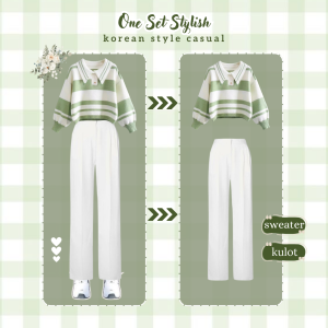 PAKET MURAH One Set Wanita Kekinian Sweater Blouse Stripe Rajut & Kulot Polyester putih 087A