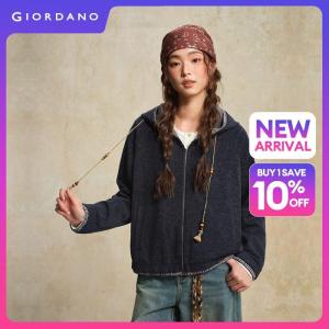 GIORDANO Women Jackets Gingham Splicing Knit Hooded Jackets Raglan Sleeve Zip Front Fashionable Casual Relaxed Jackets 18376808