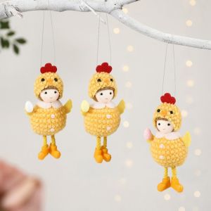 LUSIT Cartoon Chiken Easter Dolls Hanging Ornaments Scene Model with Eggs Hanging Plush Doll Creative Yellow Easter Chicken Doll Gift