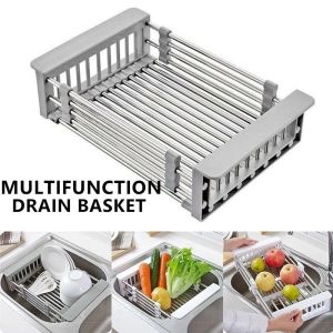 Stainless Steel Adjustable Sink Drain Basket Shelf Kitchen Dish Rack Drainer Tray Expandable Drying (V)