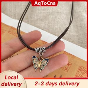 [COD] AqToCna Ship within 24 hours Chinese Style Fashion Retro Braided Rope Necklace Butterfly Flower Moon Safety Lock Pendant Necklace For Women Vintage Jewelry