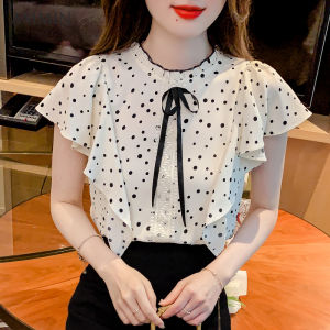 AMMIN เสื้อสตรีมเมอร์ติดโบว์เสื้อยืดคอกลมแบบเรียบง่ายเสื้อเบลาส์แต่งระบายแขนสั้นกลวงปักลายดอกไม้เสื้อชีฟองผู้หญิงสไตล์ฉบับภาษาเกาหลี