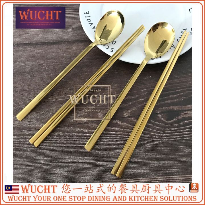 【WUCHT】 Gold Silver Korean Chopstick and Spoon Set with Long Flat Hand