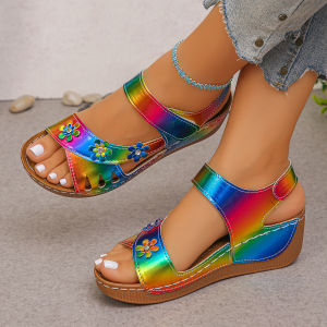 Free Shipping Plus-Size WomenS Wedge Sandals 2026 New Collection Featuring A Hollowed-Out Design A Single-Strap Style And Thick Soles With Floral Embellishments Perfect For The Beach