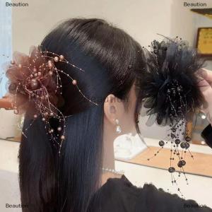 [COD] Beaution Fashion Mesh Flower Hair Claw Women Shark Ponytail Clip Headdress Temperament Tassels Headwear