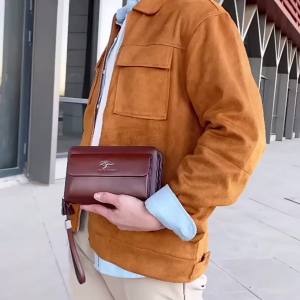KANGAROO Brand Men Clutch Bag Fashion Leather Long Purse Double Zipper Business Wallet Black Brown Male Casual Handy Bag2026
