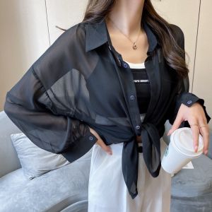 【24-hour delivery】Womens Retro Loose Chiffon Blouse Summer New   Mid Length Thin Long Sunscreen Korean Top