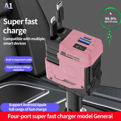 SG Stock 120W 4 IN 1 Retractable Car Charger Adapter Fast Charge USB Type c Cable Portable Charger for iPhone Samsung Smartphone Mobile Charging