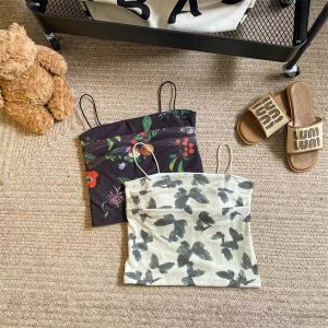 CIEGGG Tie-dye Butterfly Vest Tops Gauze Sweet Crop Tops Chic Elastic Camisole with Pads Streetwear