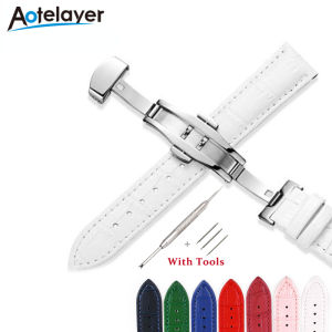 Aotelayer 12 14 16 18 19 20 21 22 24mm Width Colorful Genuine Leather Watchbands Flat Universal Watch Butterfly Buckle Strap Slub Pattern Waterproof Wrist Belt Bracelet + Tool