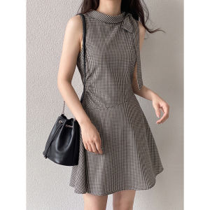 2026 New Summer Women Retro Bow Tie Ribbon Plaid Short Dress