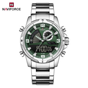 NAVIFORCE Original Mens Watch Quartz Pointer LCD Digital Display Date Calendar Stainless Steel Strap Waterproof Luminous Pointer Chronograph Mens Outdoor Multifunctional Watch NF9257