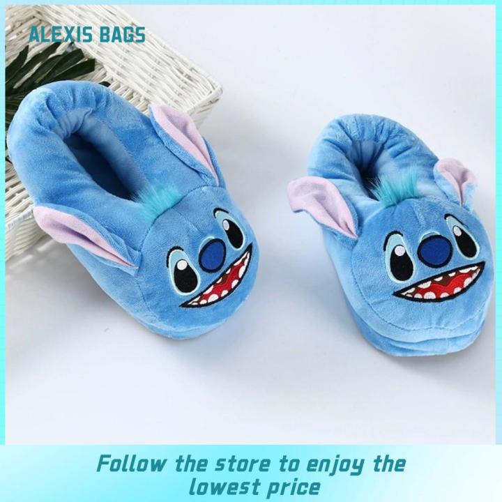 ALEXIS BAGS Anime Cartoon Stitch Plush Slippers Non-Slip All Covered Heel Indoor Home Shoes  Thickened Warm Cotton Slippers Winter