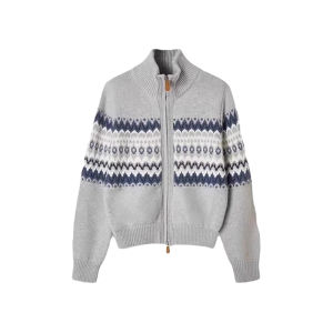 เสื้อคลุม แขนยาว คอตั้ง ซิปคู่  (ไม่มีกระเป๋า) ผ้าไหมพรม แขน/เอวจั๊มพ์ ลาย Fair Isle หัวซิปหนัง กันหนาว แฟชั่นฤดูหนาว #396