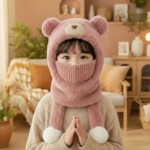 TUmama Mũ trùm đầu gấu đáng yêu với đồ giữ ấm cổ và mặt nạ cho trẻ em ấm áp mùa đông & bảo vệ gió