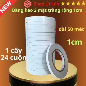 Băng keo 2 mặt trắng rộng 1cm dài 50 mét lõi giấy 3mm 1 cây 24 cuộn giá tại xưởng