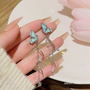 Bông tai tua dài bướm xanh nữ thời trang Hàn Quốc Phụ kiện trang sức bông tai lủng lẳng thiết kế thanh lịch cho bé gái