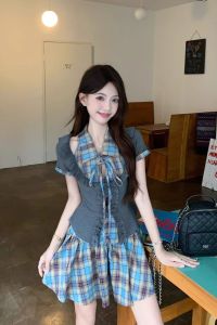 RF studio cute plaid splicing top pleated short skirt age reduction pure desire girlish fashion campus style two-piece set