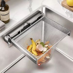 WOLVOL Stainless Steel Sink Strainer Holder Disposable Filter Mesh Foldable Kitchen Sink Filter Holder Easy Install Wall Mounted Food Residue Drain Basket Kitchen Leftover Garbage