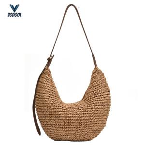 Women Straw Woven Half Moon Bag Fashion Woven Handbag Simple for Outdoor Travel [Vodool Center]