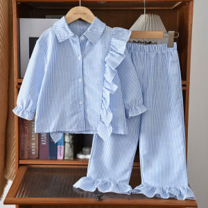 Bear Leader Autumn Korean Version Fashion Blue Striped Kids Clothes Casual Ruffle Long Sleeved Shirt Top+Pants Two-piece Set